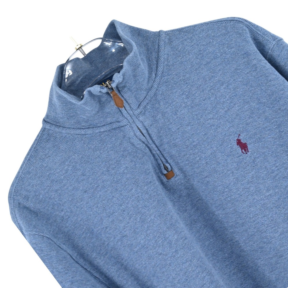 Polo Ralph Lauren Mens Large Blue Heather Quarter Zip Luxe Preppy Cotton Sweater